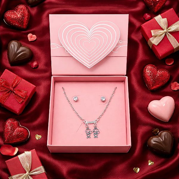 Colar Choker + Brinco+ Caixa Presente Mãe Aço Inox 2 Meninos