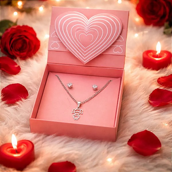 Colar Choker+Brinco+Caixa Presente Mãe Filha MeninA Aço Inox