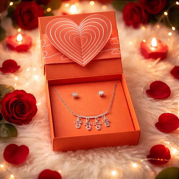 Colar+Brinco +Caixa Presente Mãe Aço Inox 3 MENINAS 1 MeninO