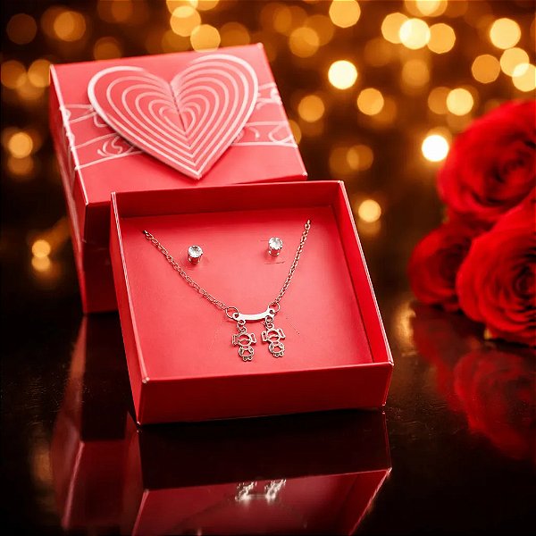 Colar Choker +Brinco + Caixa Presente Mãe Aço Inox 2 Meninas