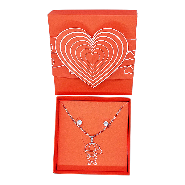 Colar CHOKER+BRINCO CAIXA PRESENTE AÇO INOX Mãe Filho Menino
