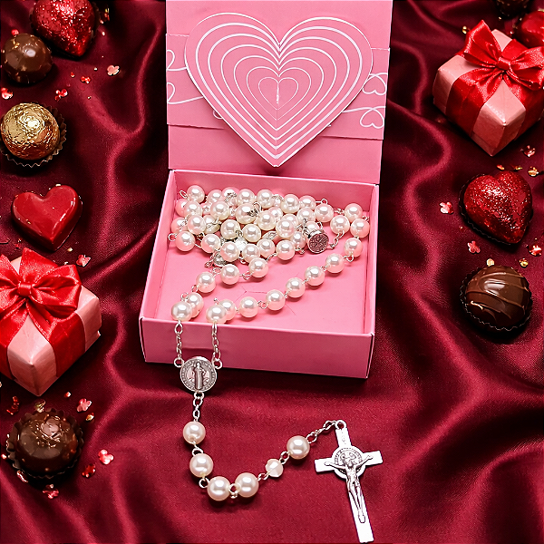 Terço Perola Medalha SÃO BENTO CAIXA PRESENTE DIAS DAS MAES