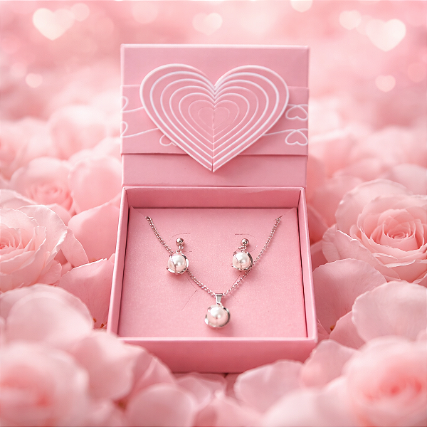Kit Presente Romântico Colar + Brinco Pérola Caixa Coração