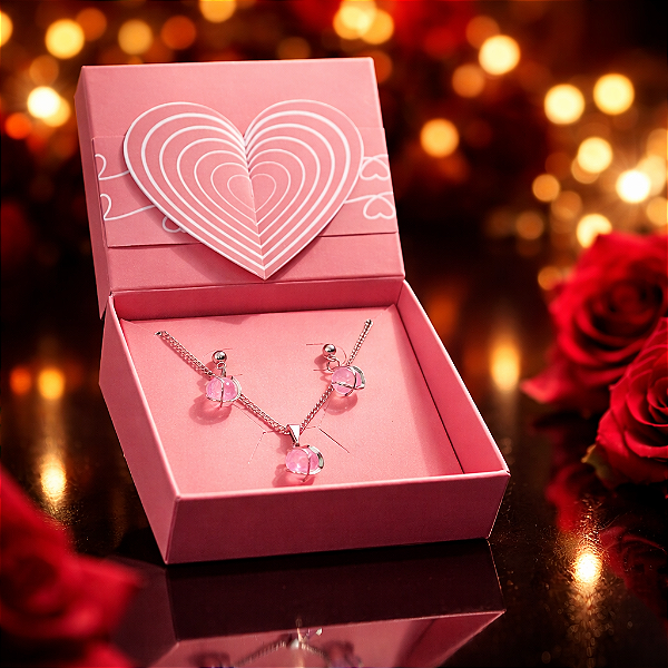 Conjunto Colar+ Brinco ROSA Inox Antialérgico Caixa Presente