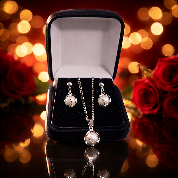 Kit Colar +Brinco Pérola Aço Inox Caixa Veludo Presente Luxo