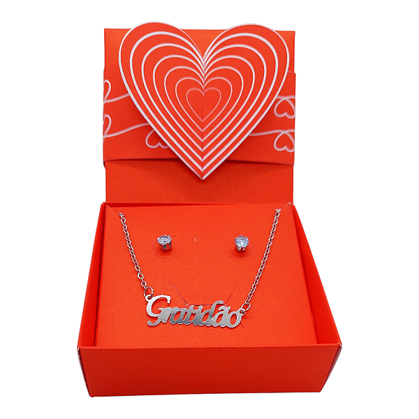 Colar + brinco + caixa presente AÇO INOX PINGENTE GRATIDÃO