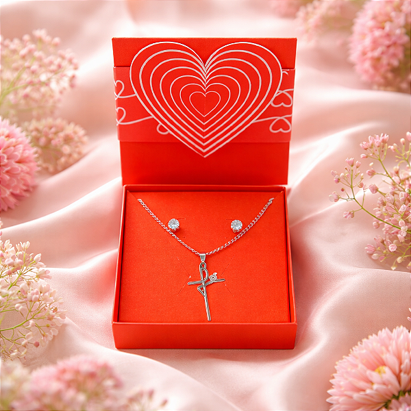 Colar CHOKER+brinco+caixa presente AÇO INOX PINGENTE FÉ CRUZ