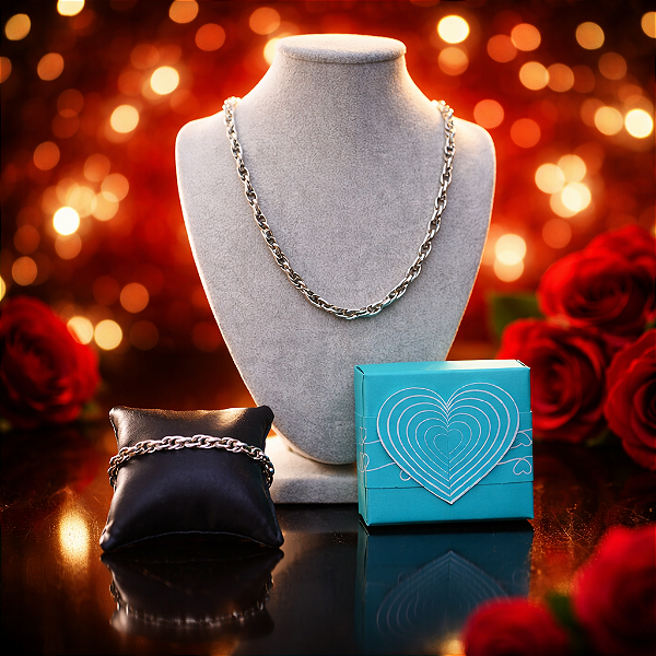 Kit Presente Colar +Pulseira Aço Inox Luxo Com Caixa Coração