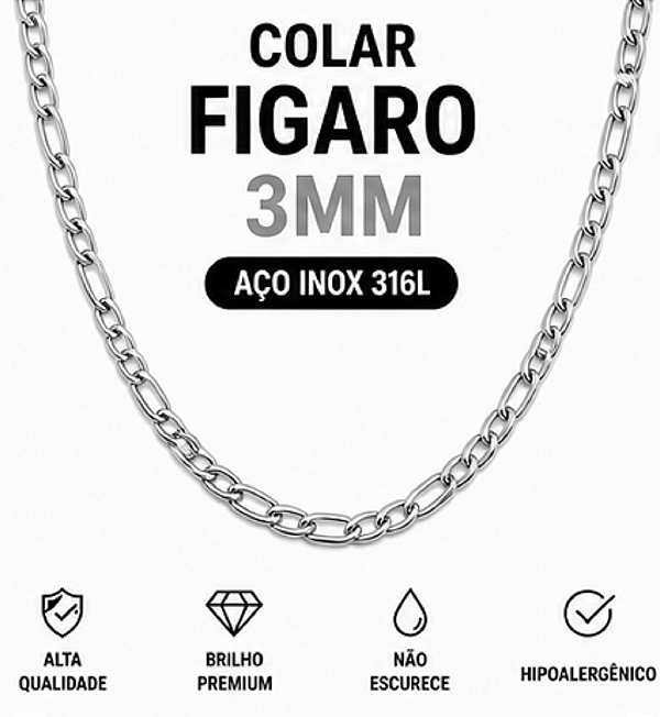 Colar Corrente Figaro 3mm Aço Inox 60cm Não Escurece