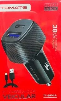 CARREGADOR VEICULAR PARA IPHONE COM PORTA USB E TYPE-C 38W TOMATE TC-3801UL
