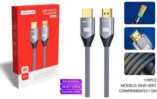 CABO HDMI PARA HDMI 2.1 8K 1.5M TOMATE MHD-8001