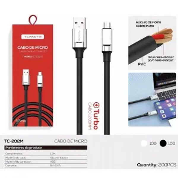 CABO DE DADOS TURBO USB PARA V8 1.2M 5V 2.4A TOMATE TC-202M