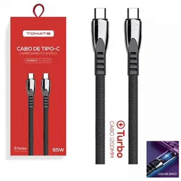 CABO DE DADOS TYPE-C PARA TYPE-C TURBO 1.2M 3.5A 65W TOMATE TC-301CC