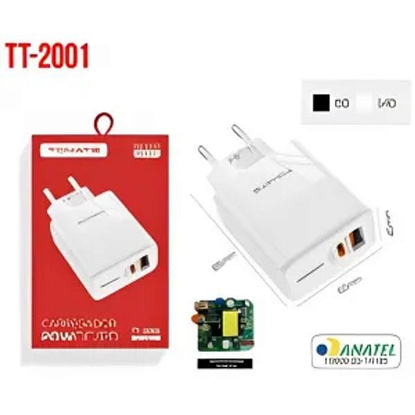 CARREGADOR TURBO COM PORTA USB E USB-C 20W TOMATE TT-2001