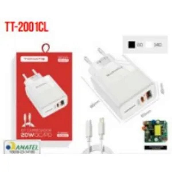 CARREGADOR TYPE-C PARA IPHONE COM 1 PORTA USB E TYPE-C 20W TOMATE TT-2001CL