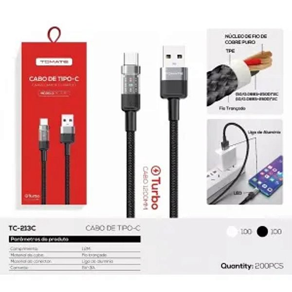 CABO DE DADOS TURBO USB PARA TYPE-C 1.2M 5V 3A TOMATE TC-213C