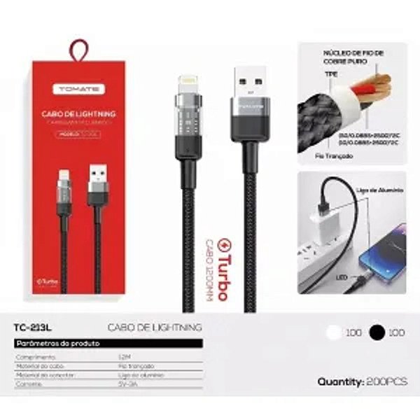 CABO DE DADOS TURBO USB PARA IPHONE 1.2M 5V 3A TOMATE TC-213L
