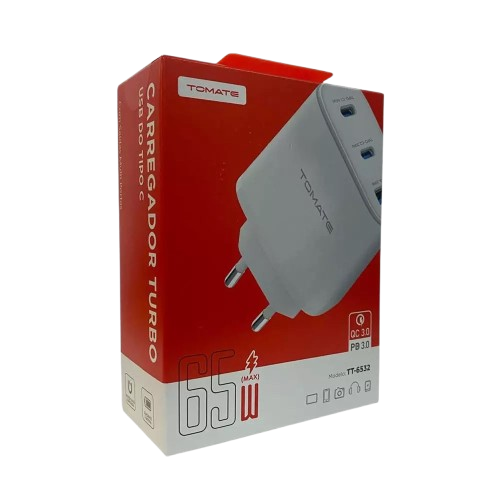 CARREGADOR TURBO 2 TYPE-C 1 USB 65W TOMATE TT-6532
