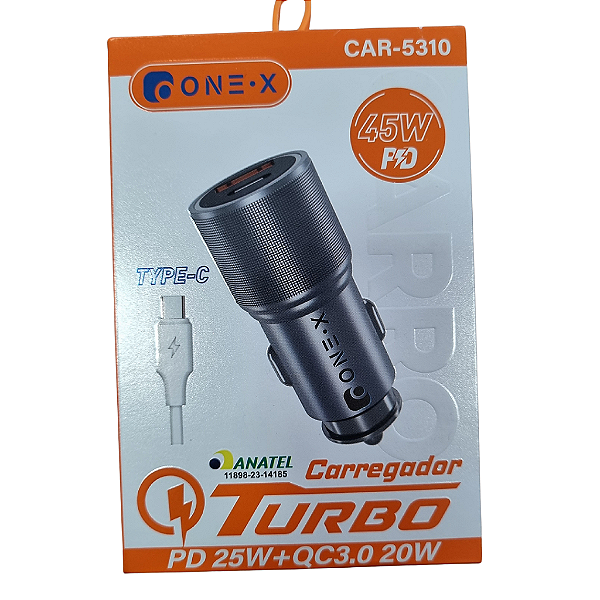 CARREGADOR VEICULAR TURBO USB TYPE-C 45W ONEX CAR-5310