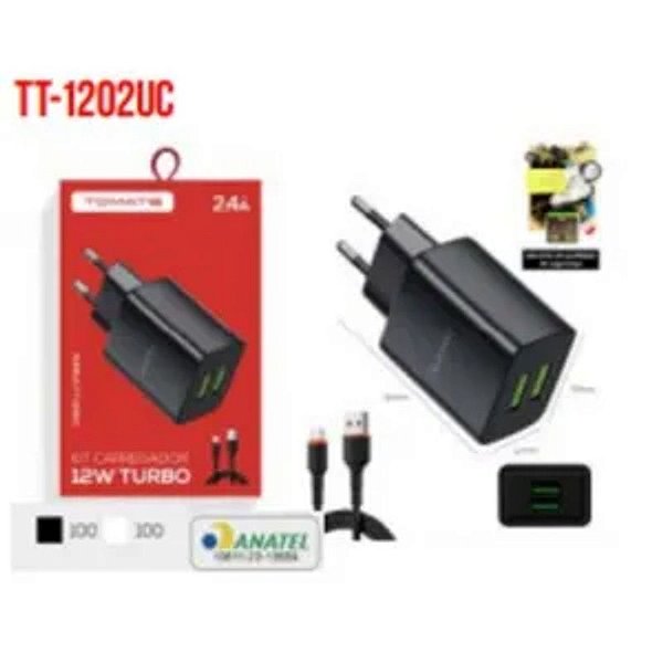 CARREGADOR PARA TYPE-C TURBO COM 2 PORTAS USB 12W 2.4A TOMATE TT-1202UC