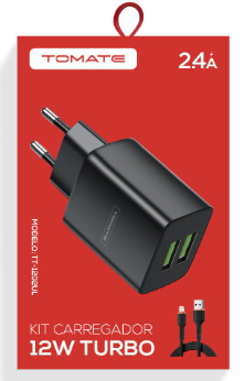 CARREGADOR PARA IPHONE TURBO COM 2 PORTAS USB 12W 2.4A TOMATE TT-1202UL
