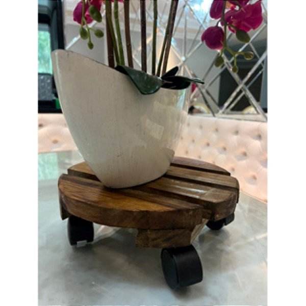 Suporte Carrinho Para Vaso 25cm Redondo Madeira Pinus Com Verniz