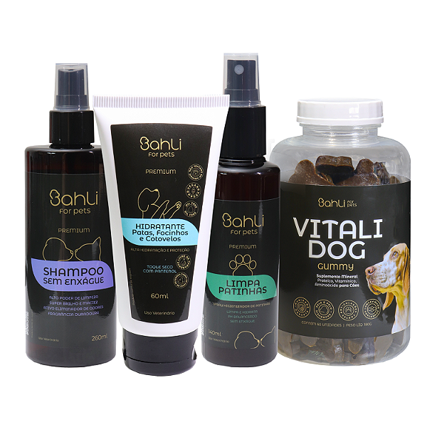 Kit Eu Amo: Limpa Patas + Hidratante + Shampoo + Vitali
