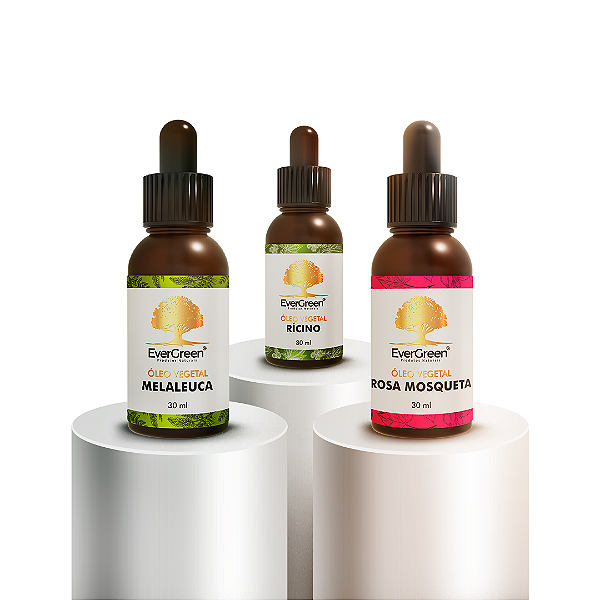KIT 3 Óleos Vegetais para Pele, Cabelo e Unhas - Rícino, Rosa Mosqueta e Melaleuca