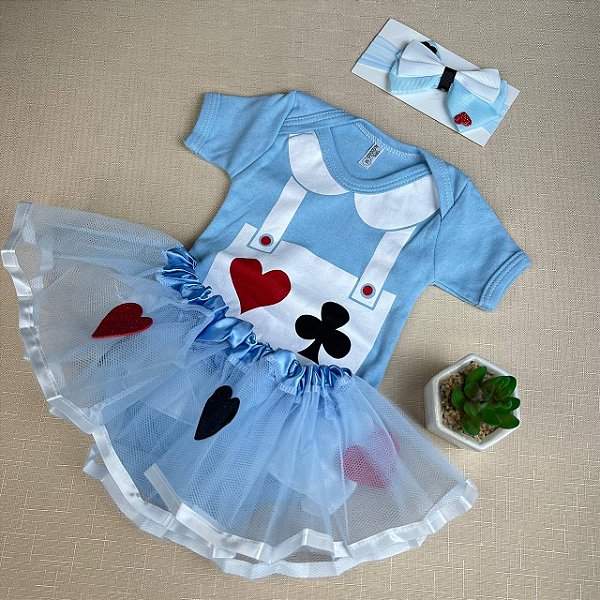 BODY TEMÁTICO ALICE NO PAIS DAS MARAVILHAS+ SAIA +LAÇO