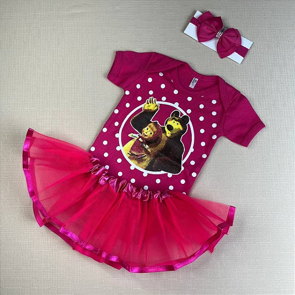 BODY TEMÁTICO MARSHA E O URSO +SAIA + LAÇO