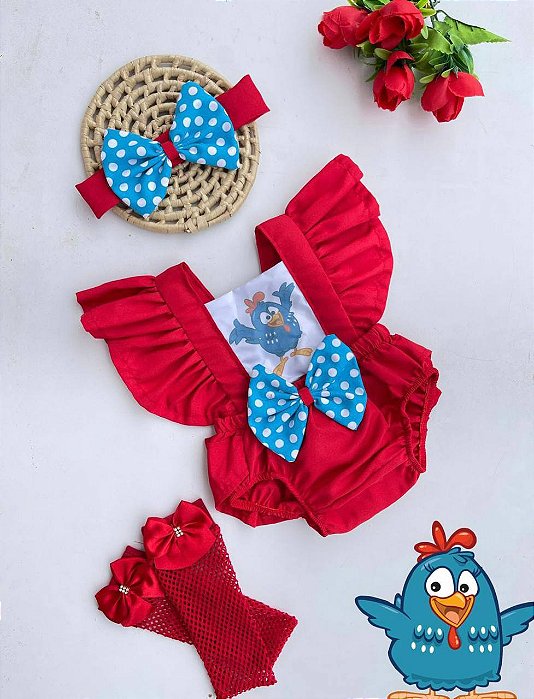 ROMPER GALINHA PINTADINHA VERMELHO +LAÇO DE CABELO