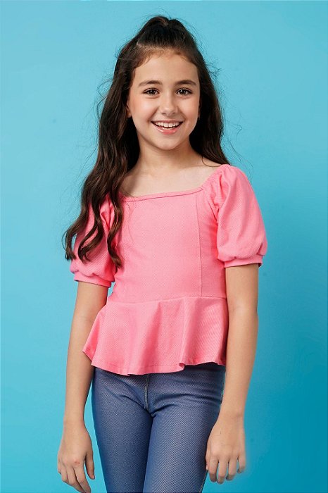 BLUSA MANGA PRINCESA MALHA JEANS ROSA CHICLETE