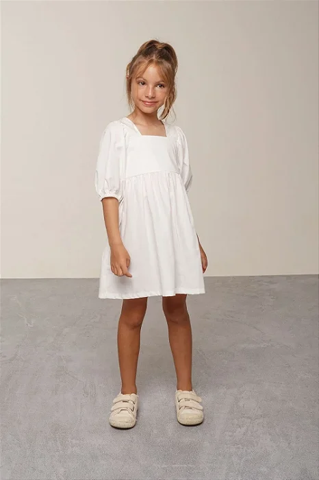 VESTIDO TRICOLINE MANGA BUFANTE E LAÇO NAS COSTAS