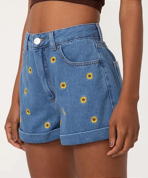 Short Jeans Mom Cintura Super Alta Girassol Azul Escuro