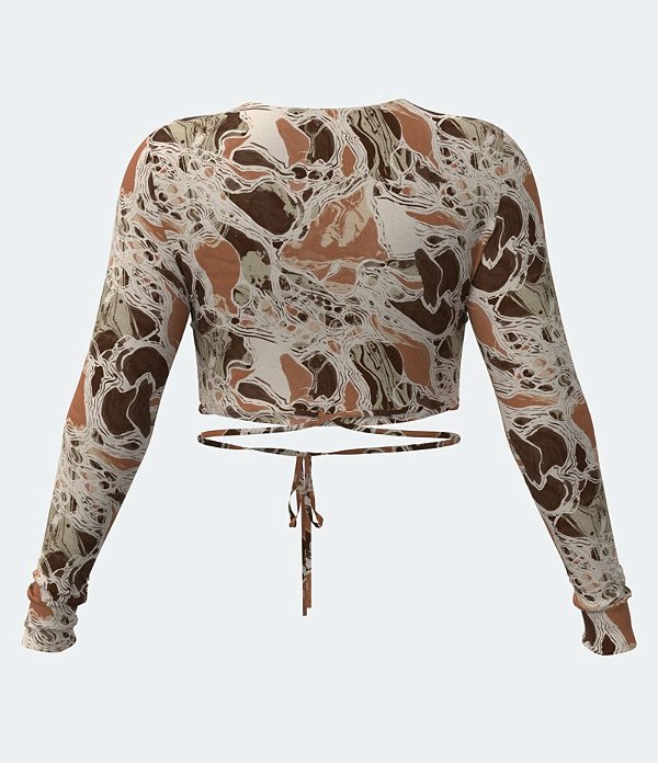 Blusa Cropped em tule com estampa abstrata e amarração ao corpo