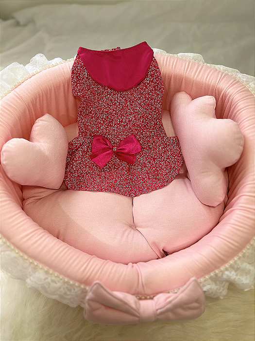 Vestido Pet Pink Com Florzinhas Branca Com Laço