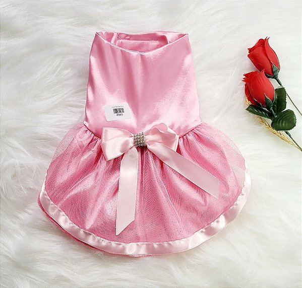 Vestido Pet: Cetim Rosa Claro Laço Com Strass