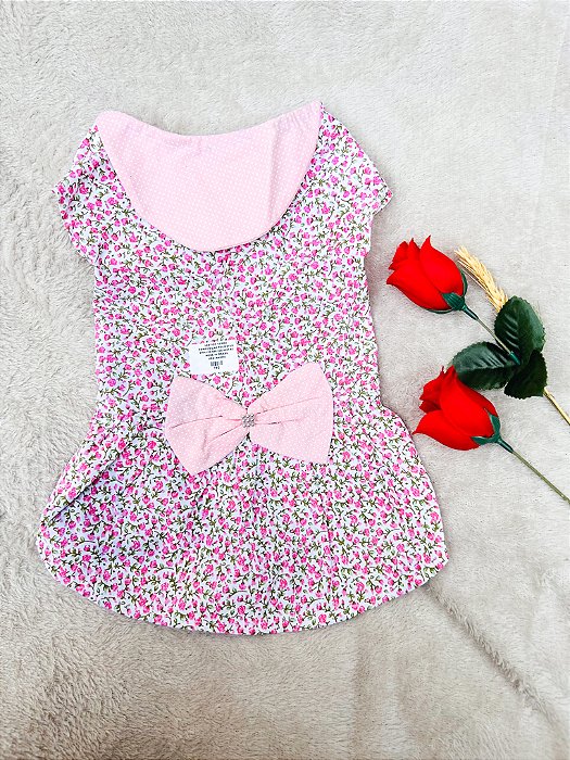 Vestido Para Pet Branco Com Flor Rosa, Gola E Laço Rosa