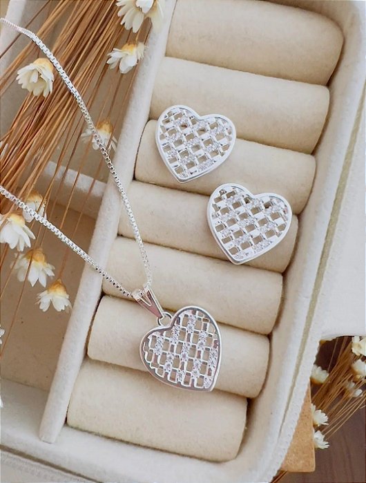 Colar Conjuntinho de Coração Folheado à Prata