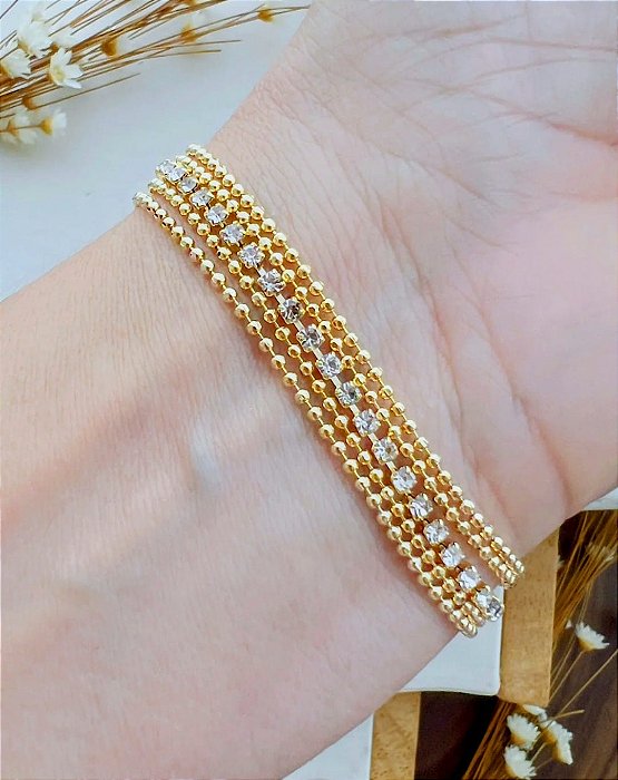 Pulseira Folheada a Ouro com Strass
