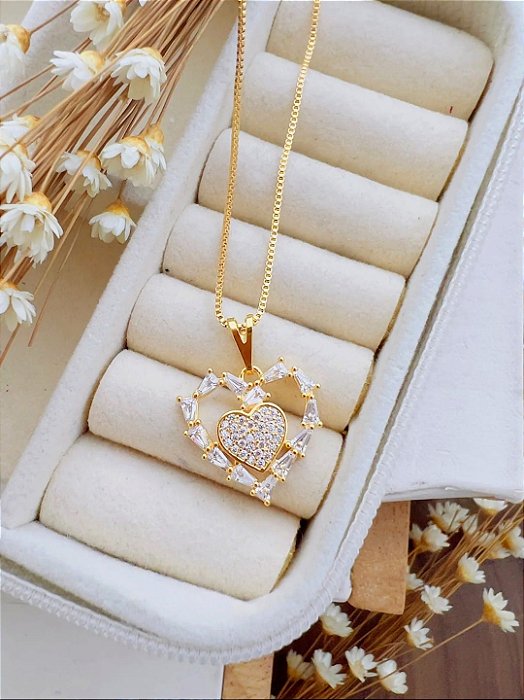 Colar Coração com Zircônia Folheado a Ouro.