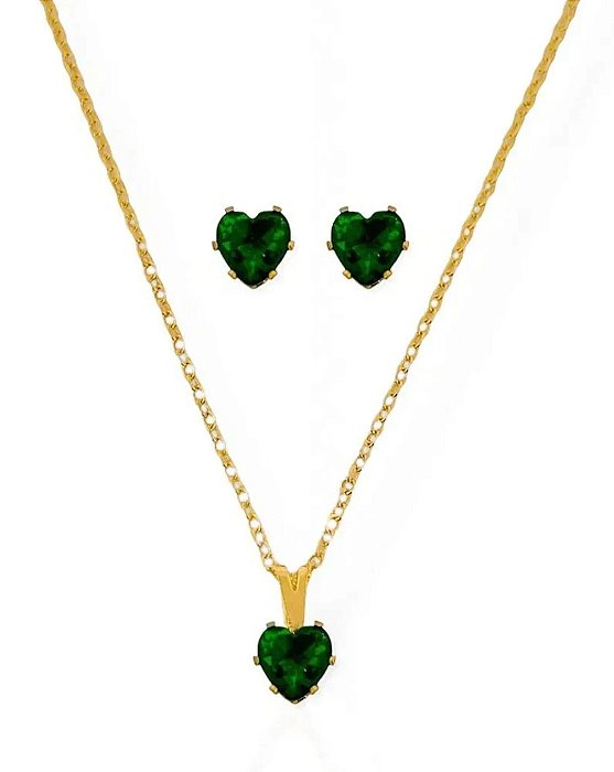 Colar Conjunto Coração Pedra Esmeralda