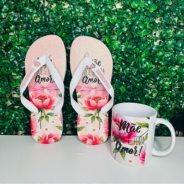 Kit Dia das Mães – Chinelo Decorado + Caneca Personalizada