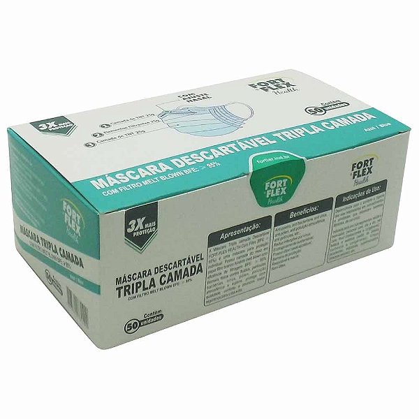 Máscara Descartável Tnt Tripla Azul Caixa 50Und - Fort Flex