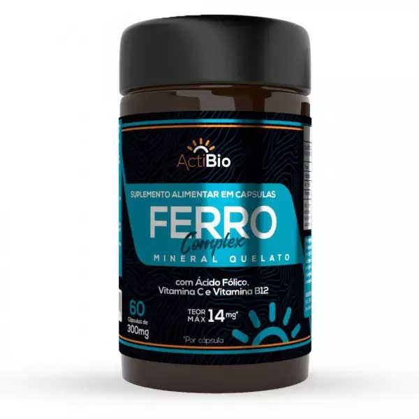 Ferro Complexo - Quelato c/ Ácido Fólico, Vitamina B12 e Vitamina C - 60 cápsulas