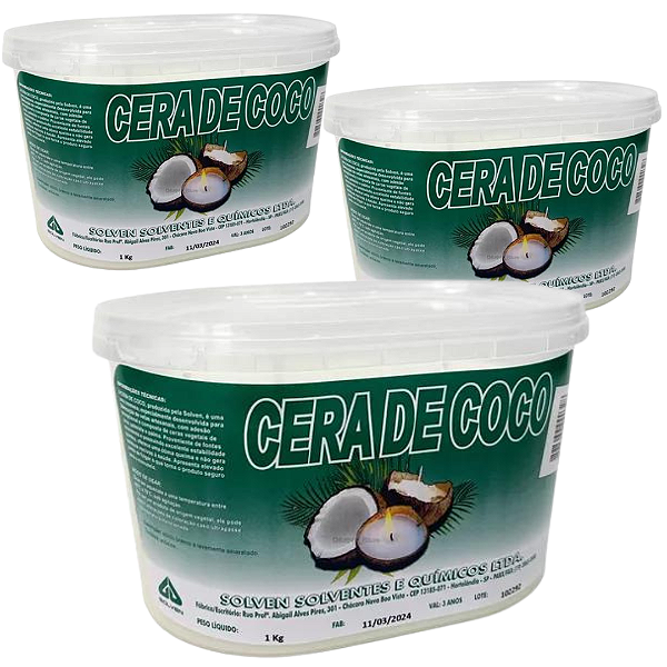 Kit com 3 Potes de 1Kg Cera De Coco Solven Original Para Fabricação de Velas 100% Vegetal