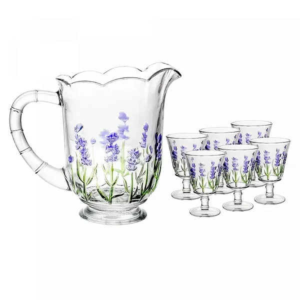 Conjunto Jarra com 6 Taças de Cristal Lavanda Hand Painting 1,3L/240ml - Lyor Original