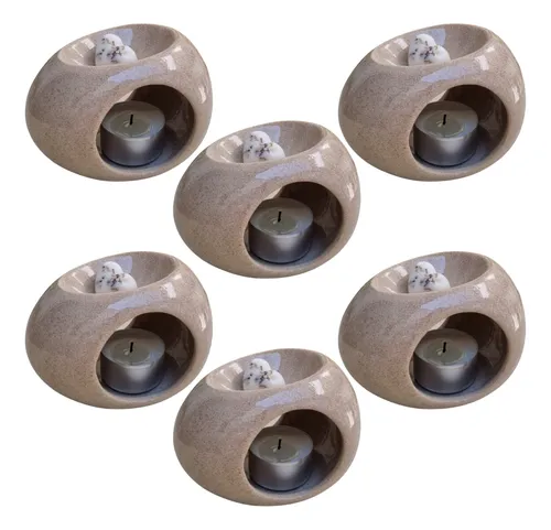 Kit 6 Difusor Rechaud Cerâmica Oval Óleos P/ Essenciais e Wax Metls Areia