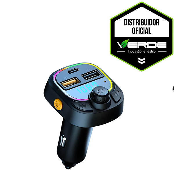Carregador Veicular 3 em 1 - USB-A / USB-A / Tipo C - Transmissor FM MP3 - Verde