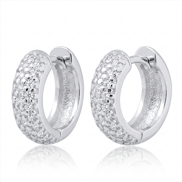 Brinco Argola de Prata 925 3 Fileiras Cravejada 13mm